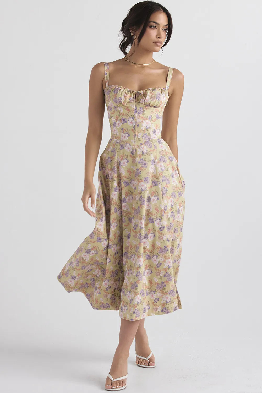 Everly Sweetheart Corset Midi Dress - Purple and white flowers on yellow background