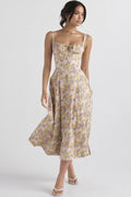 Everly Sweetheart Corset Midi Dress - Purple and white flowers on yellow background