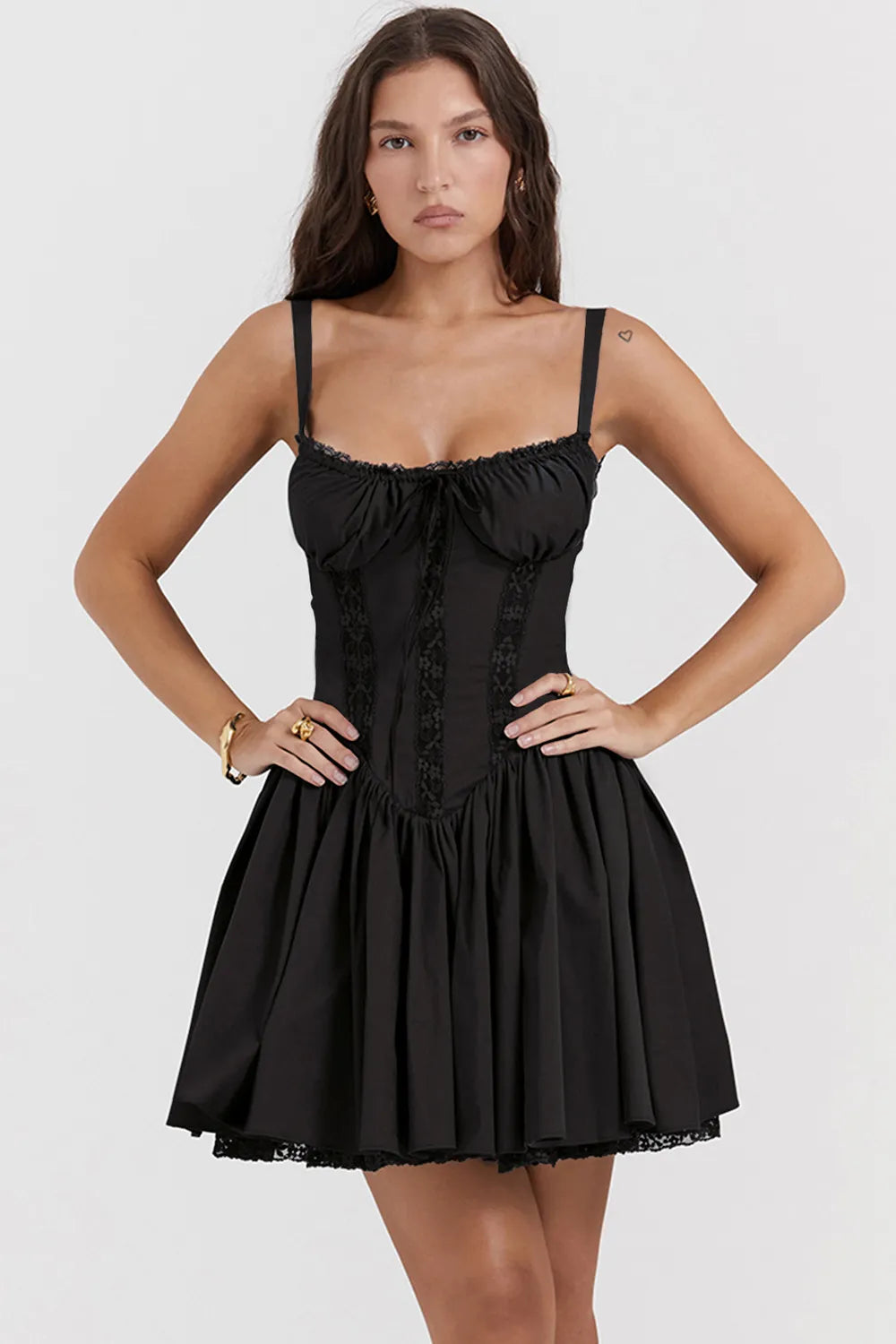 Romance Lace Trim Mini Dress - Black