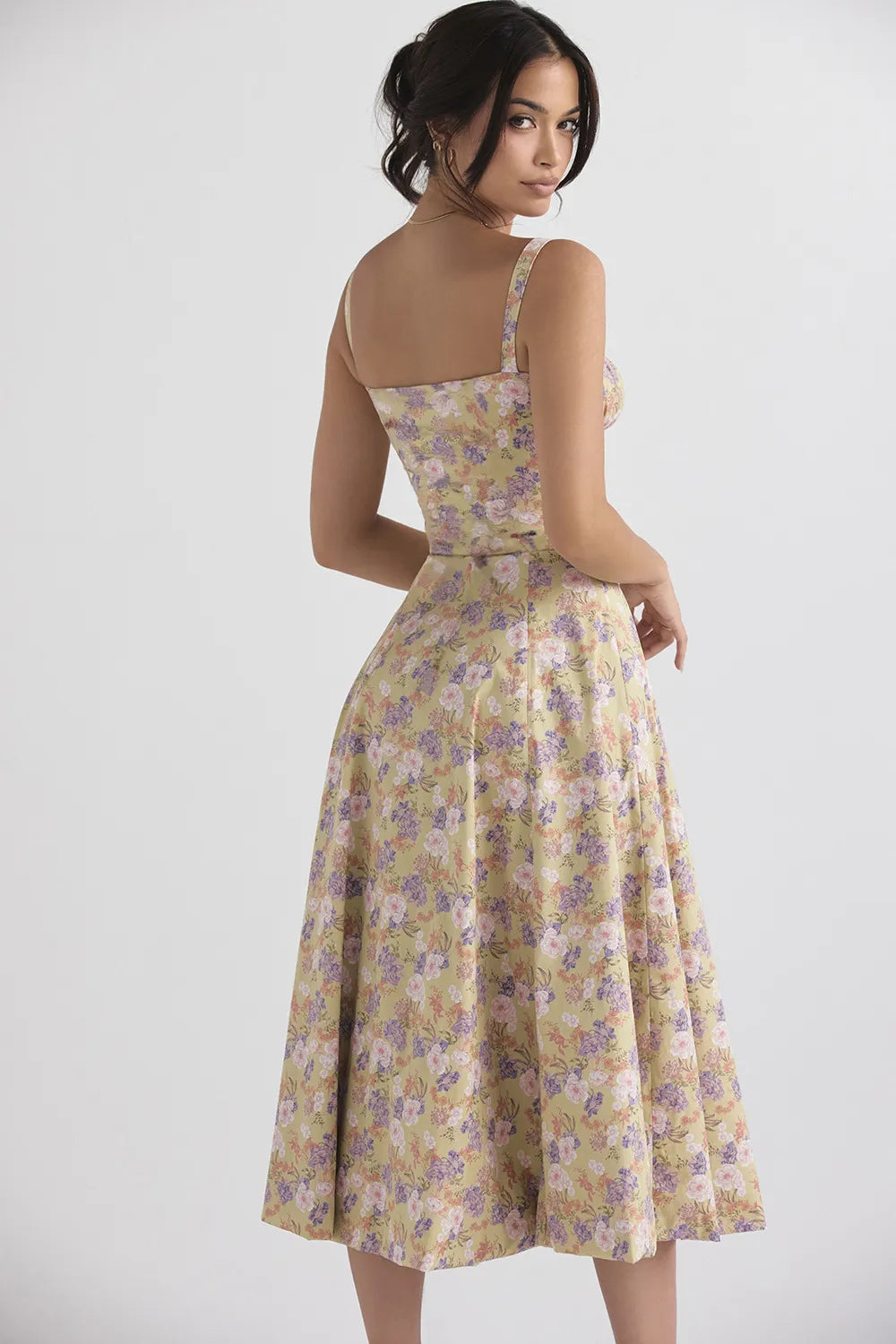 Everly Sweetheart Corset Midi Dress - Purple and white flowers on yellow background