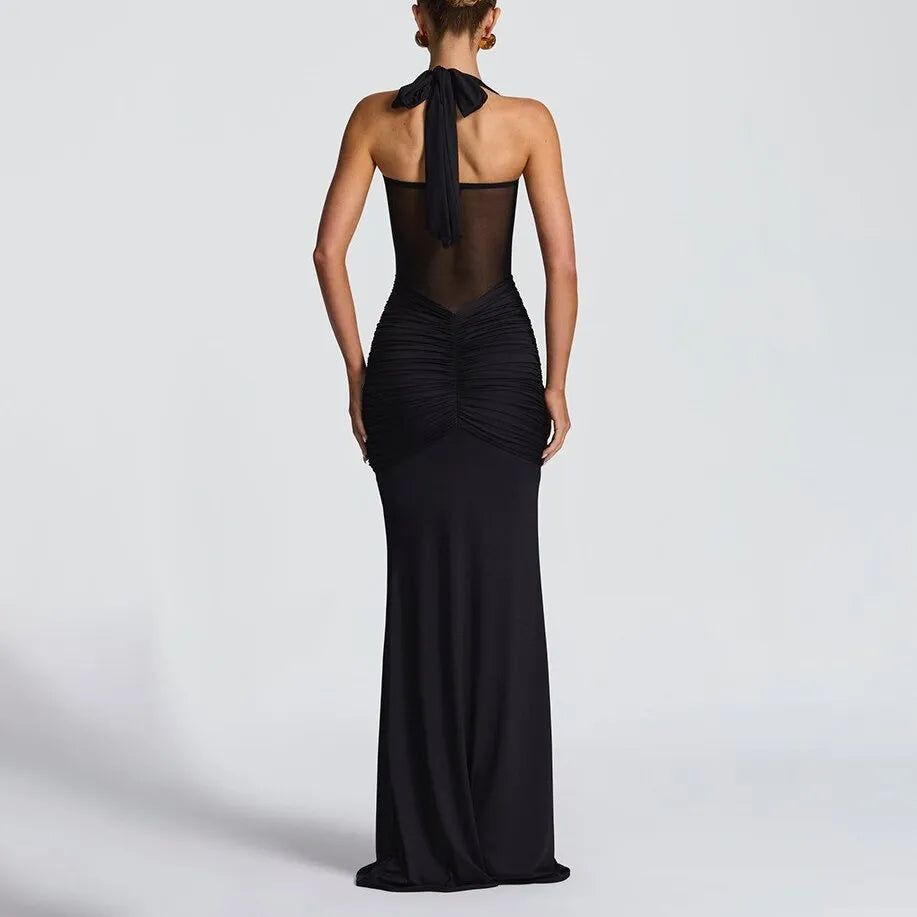 Golden Glow Ruched Maxi Dress - Black