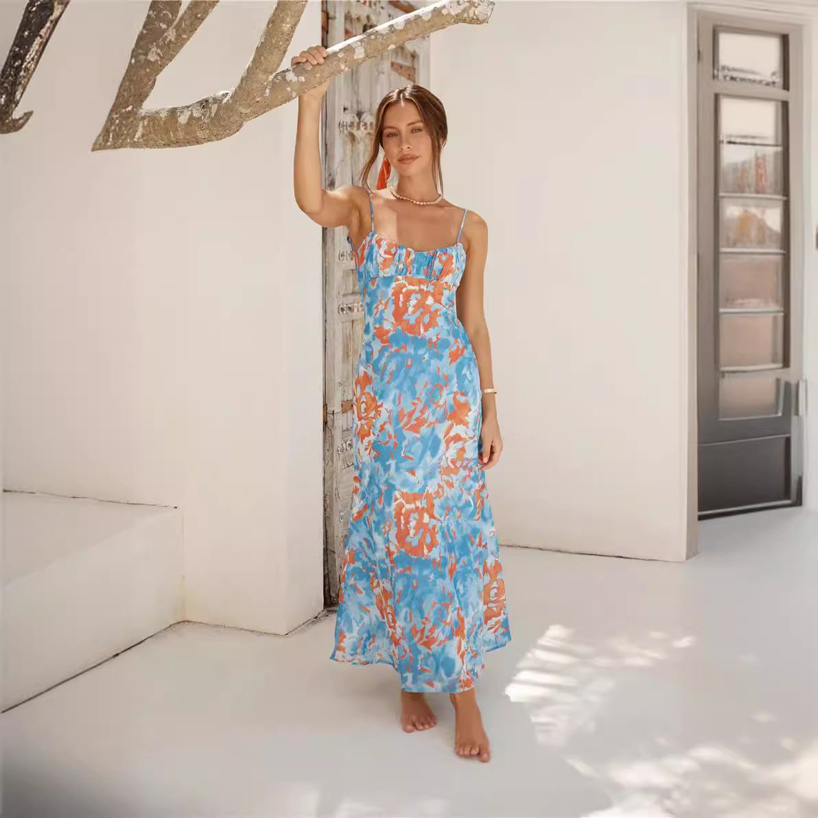 Santorini Bloom Printed Midi Dress - Sky Blue Floral