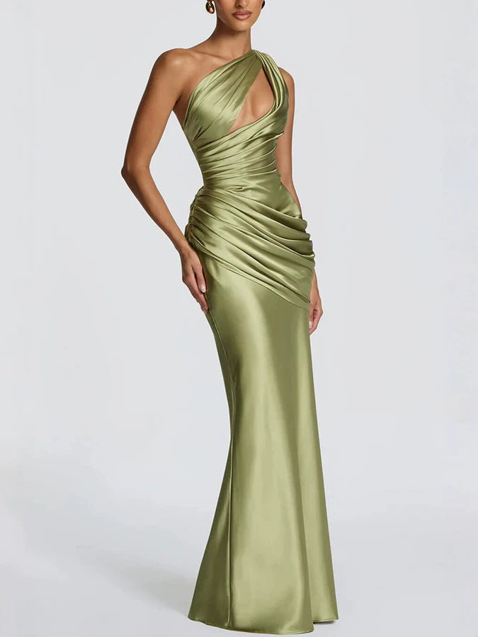 Satin One-Shoulder Fishtail Dress - Green