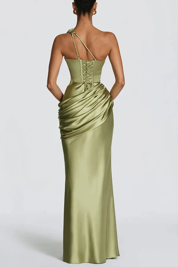 Satin One-Shoulder Fishtail Dress - Green