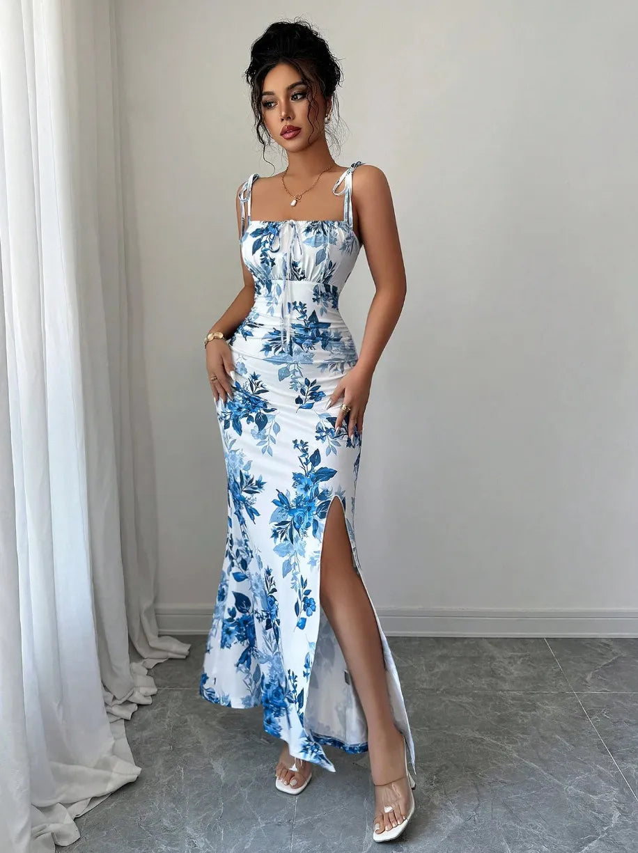 Azure Bloom Ruched Maxi Dress - Sky Blue Floral