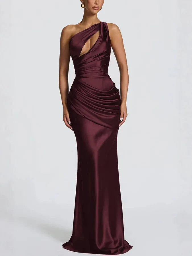 Satin One-Shoulder Fishtail Dress - Wine Red