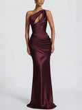 Satin One-Shoulder Fishtail Dress - Wine Red