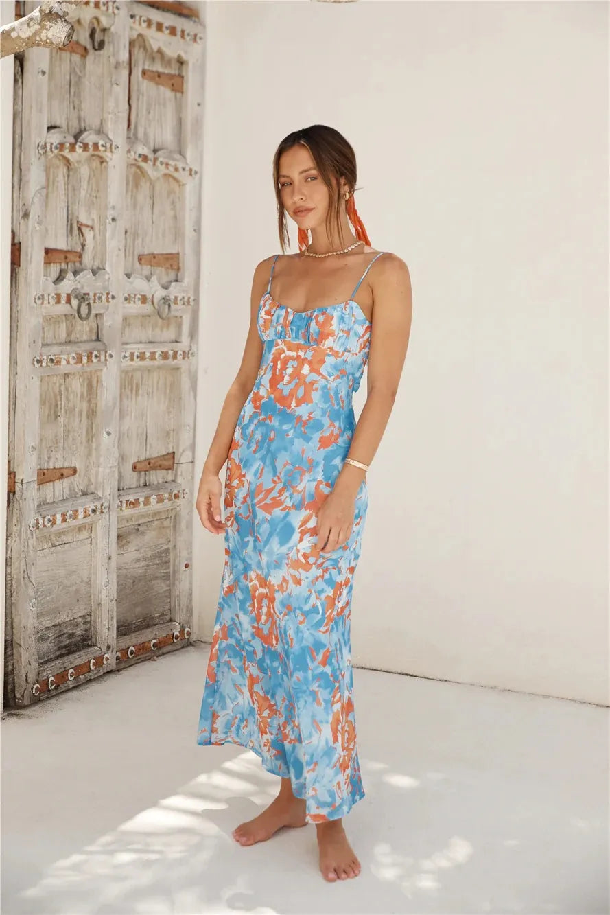 Santorini Bloom Printed Midi Dress - Sky Blue Floral