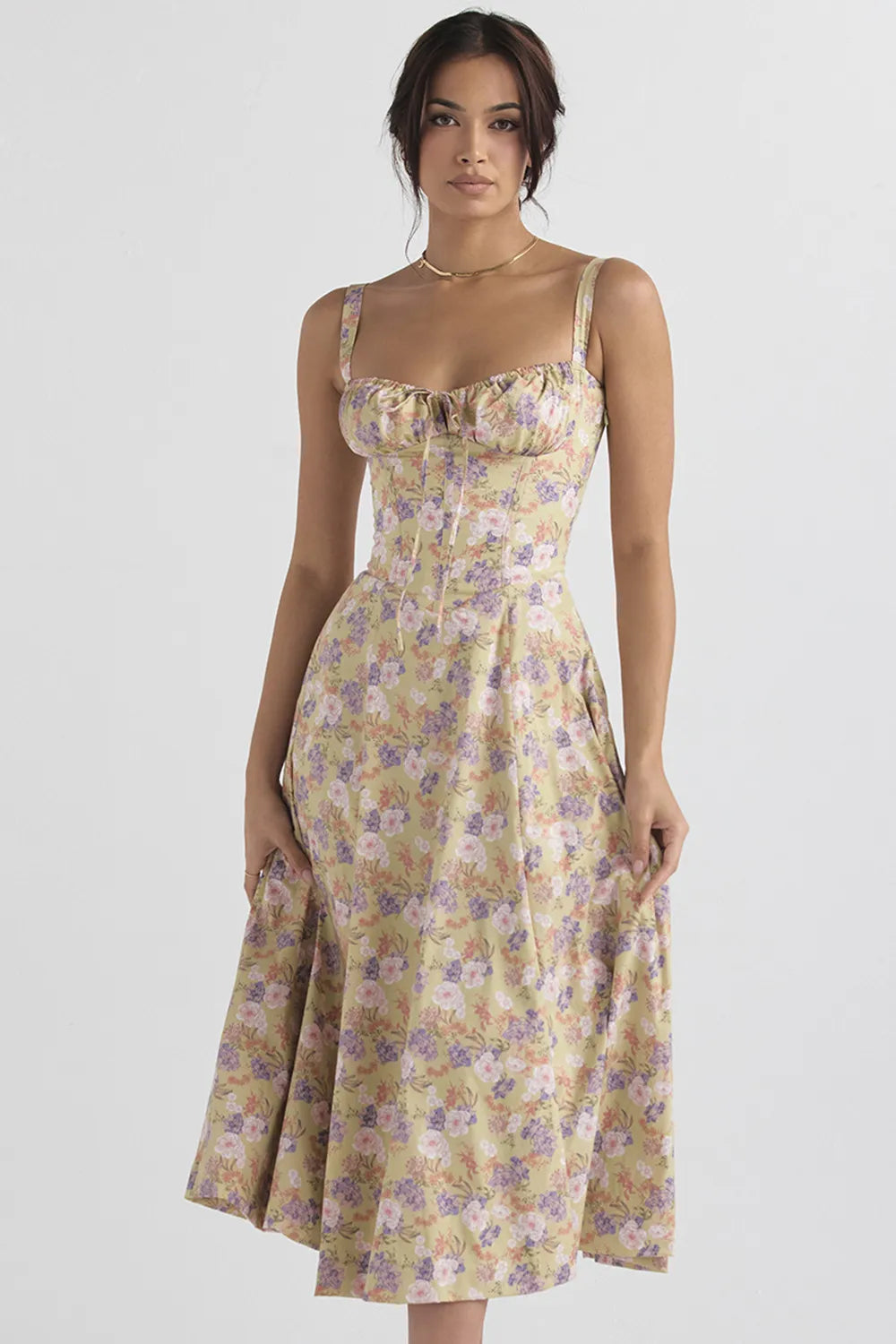 Everly Sweetheart Corset Midi Dress - Purple and white flowers on yellow background