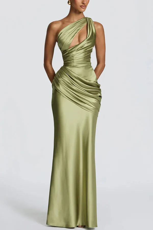 Satin One-Shoulder Fishtail Dress - Green