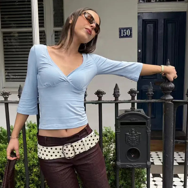 Chic Ruched V-Neck Slim Fit Top T-Shirt - Blue