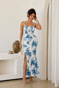 Azure Bloom Ruched Maxi Dress - Sky Blue Floral
