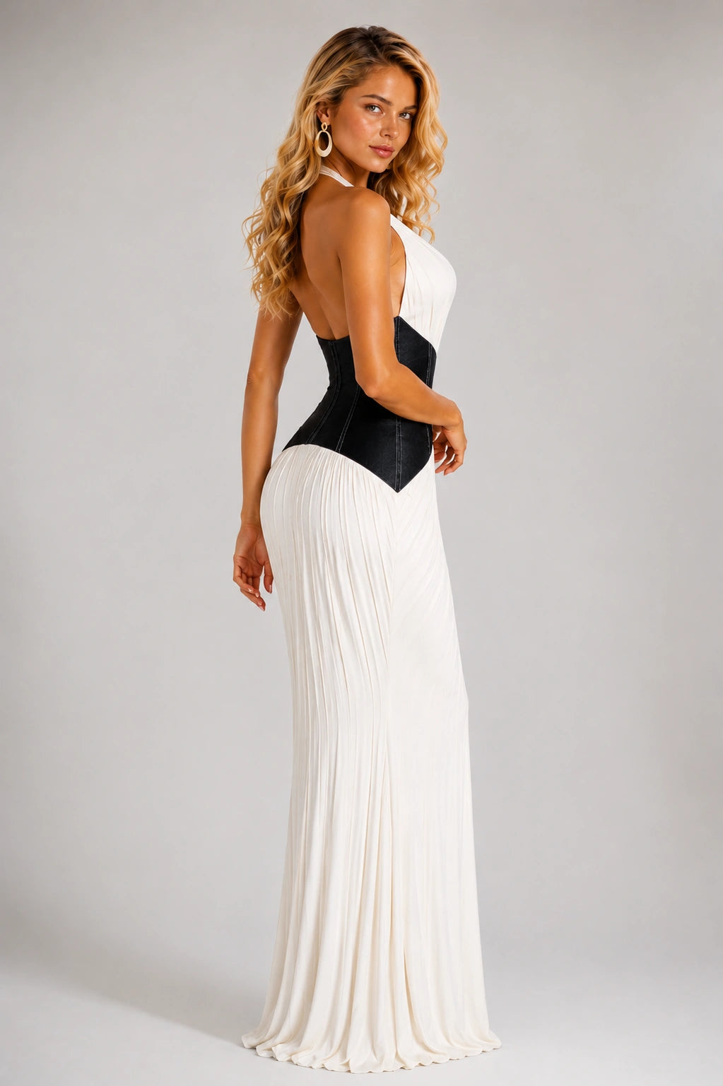 Celeste Contrast Halter Maxi Dress - White & Denim Elegance
