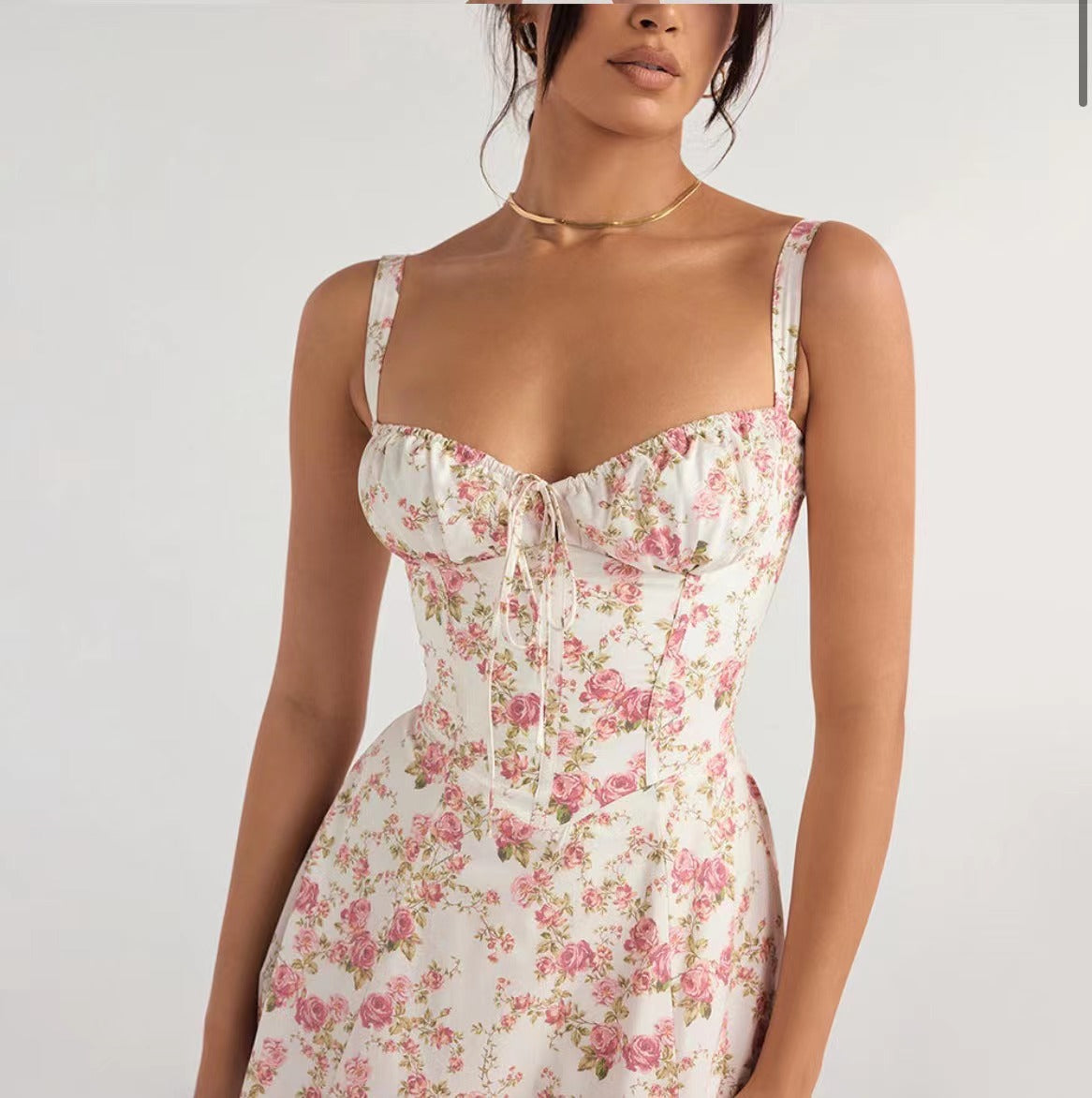 Rosalie Floral Corset Midi Dress - Ivory Pink