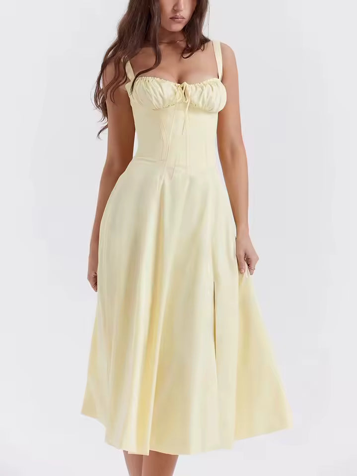 Everly Sweetheart Corset Midi Dress - Light yellow flower