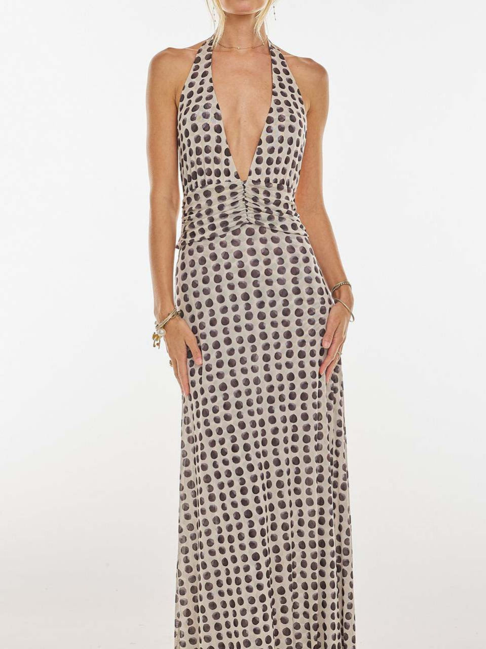 Monroe Polka Dot Plunge Halter Maxi Dress