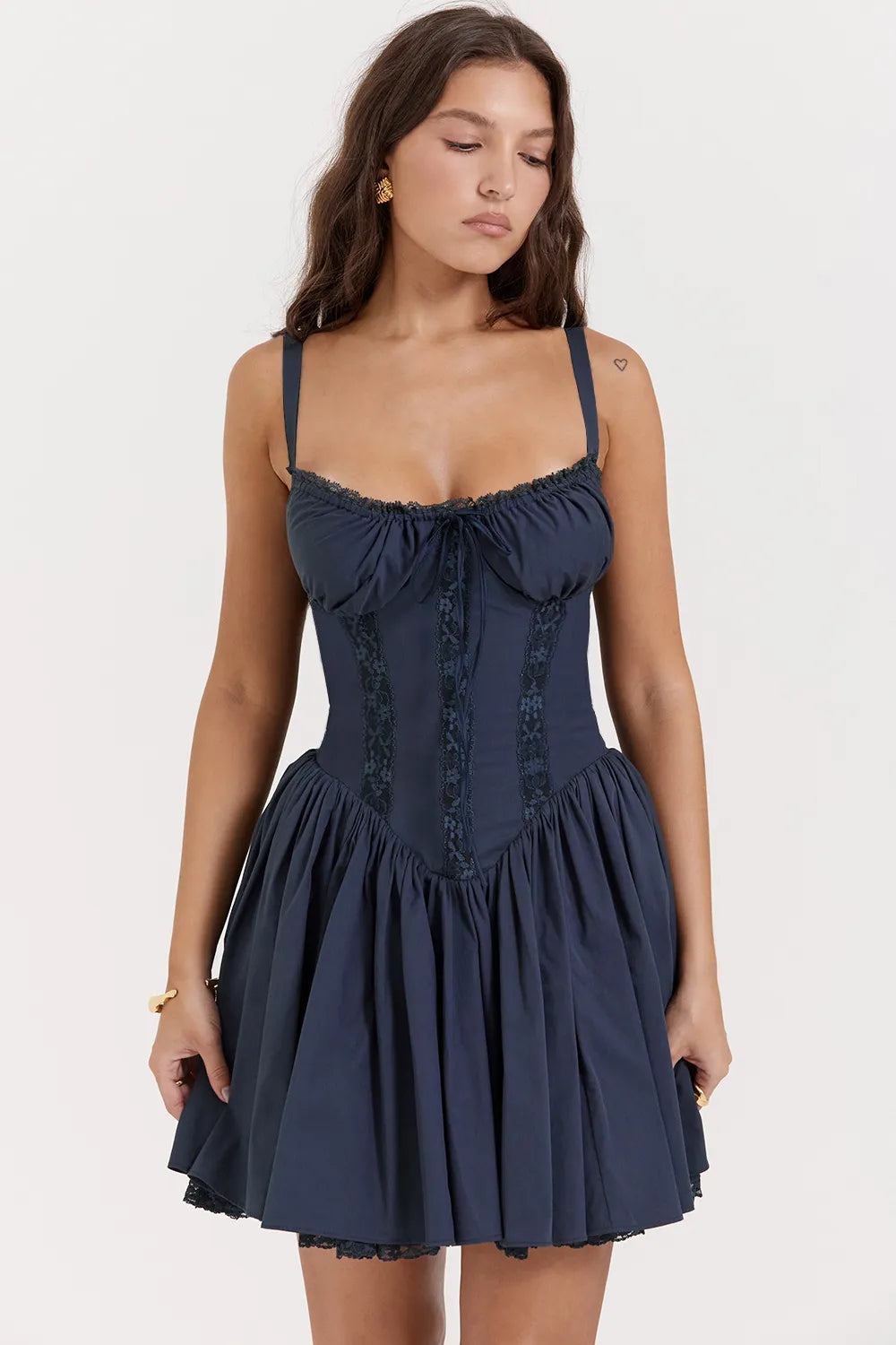 Romance Lace Trim Mini Dress - Navy Blue