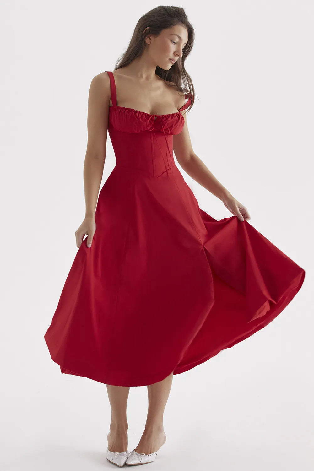 Everly Sweetheart Corset Midi Dress - Bright red