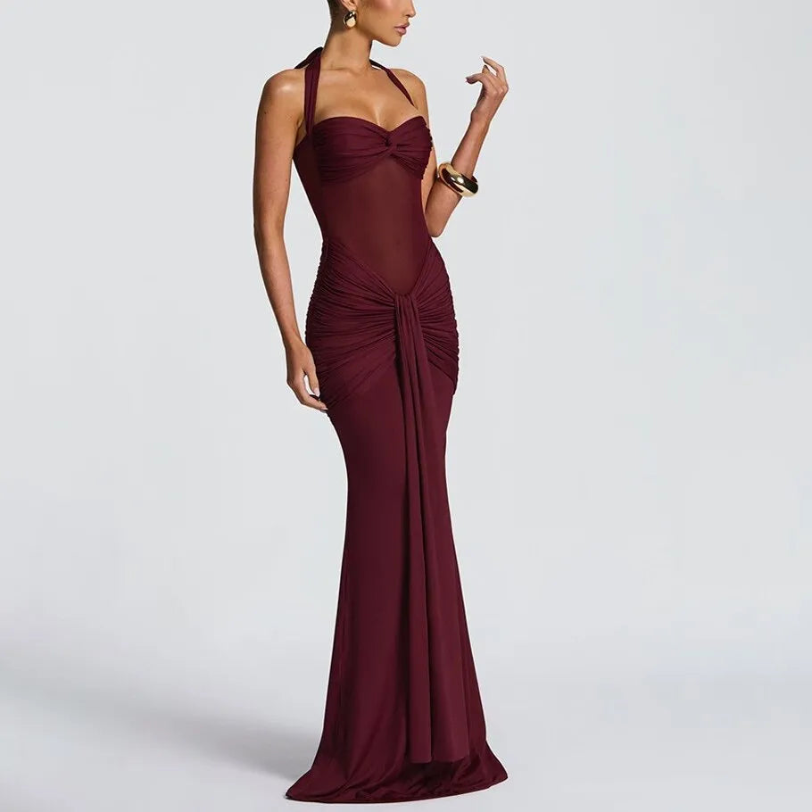 Golden Glow Ruched Maxi Dress - Burgundy