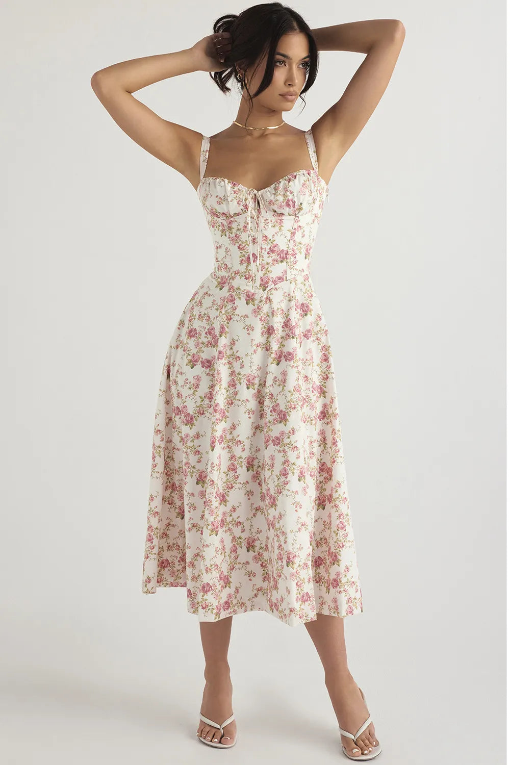 Everly Sweetheart Corset Midi Dress - Red flower