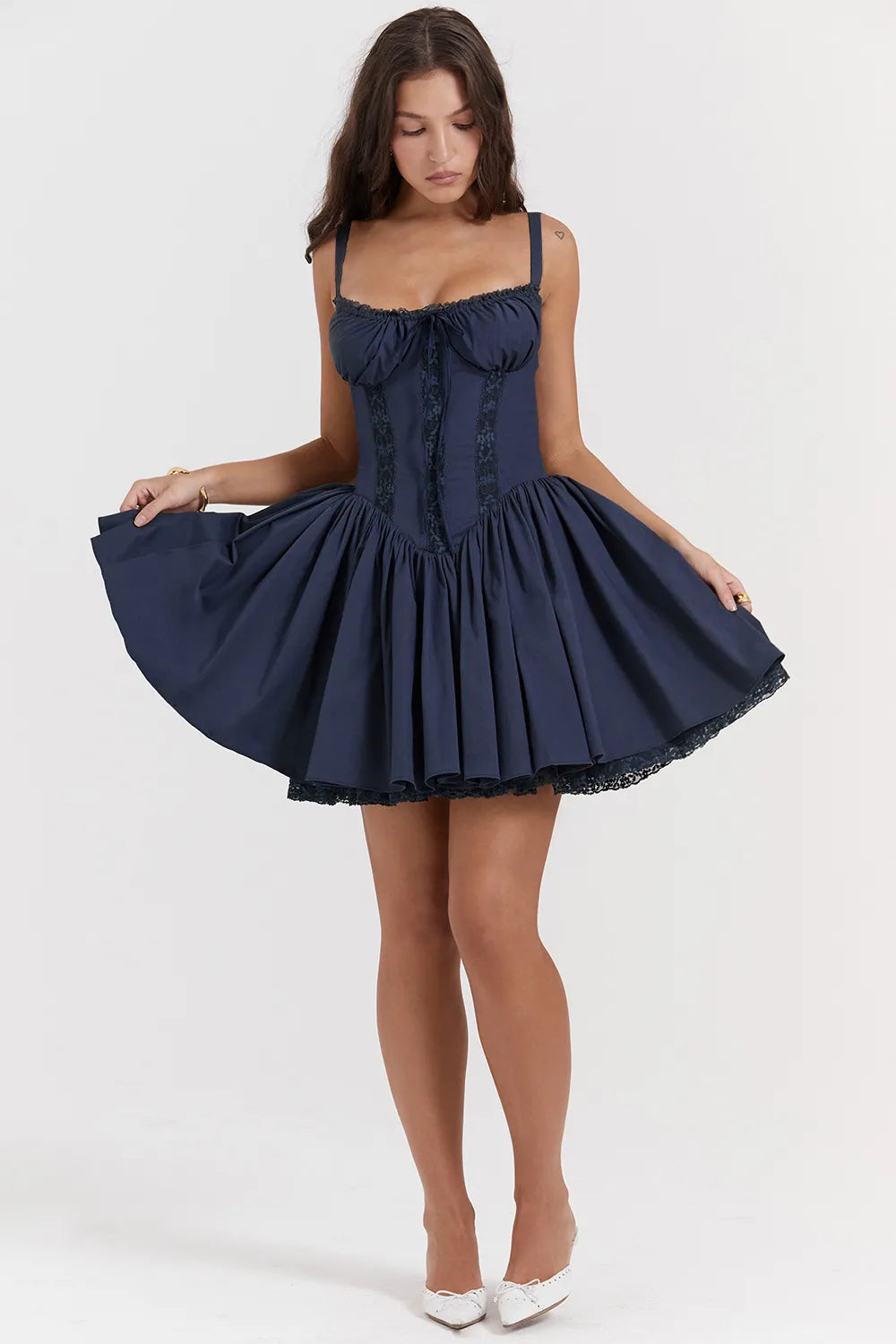 Romance Lace Trim Mini Dress - Navy Blue