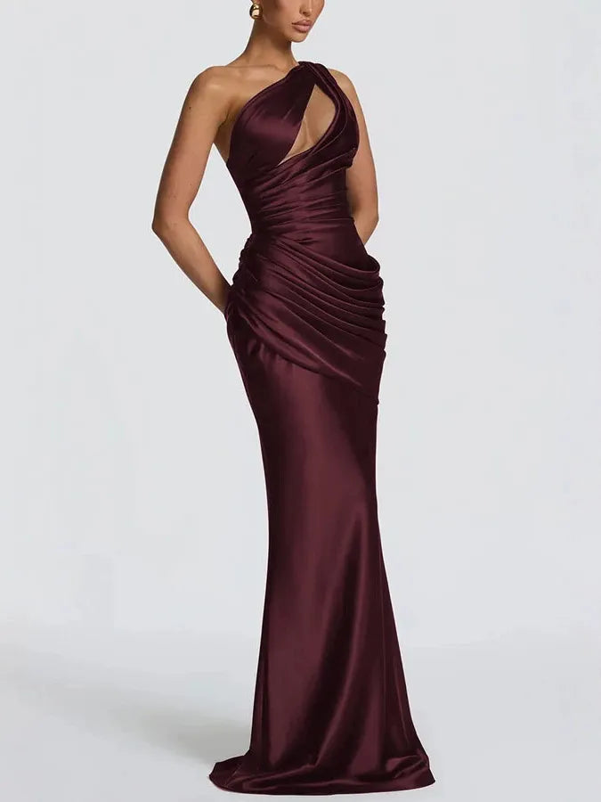 Satin One-Shoulder Fishtail Dress - Wine Red