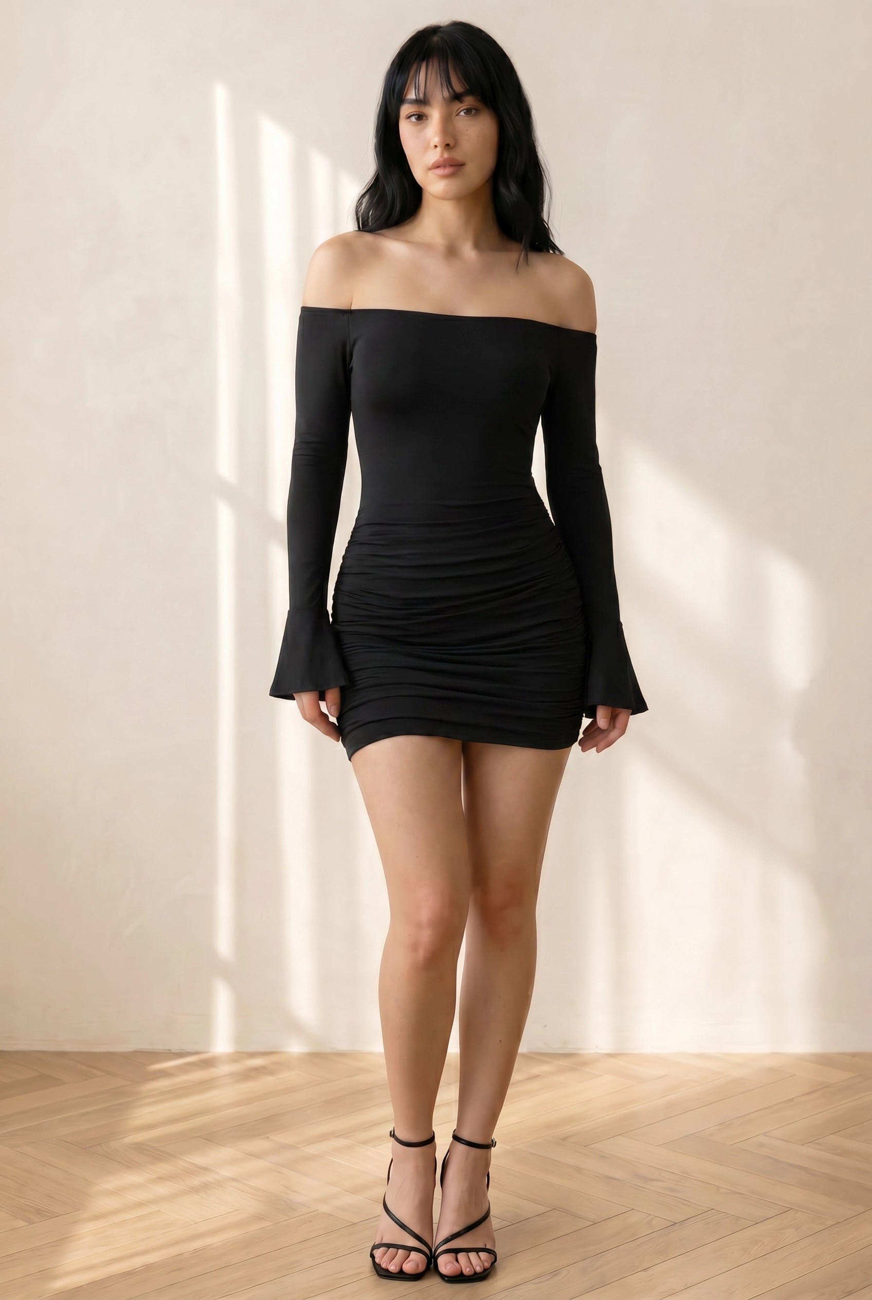 Elegant Off-Shoulder Ruched Mini Dress with Bell Sleeves