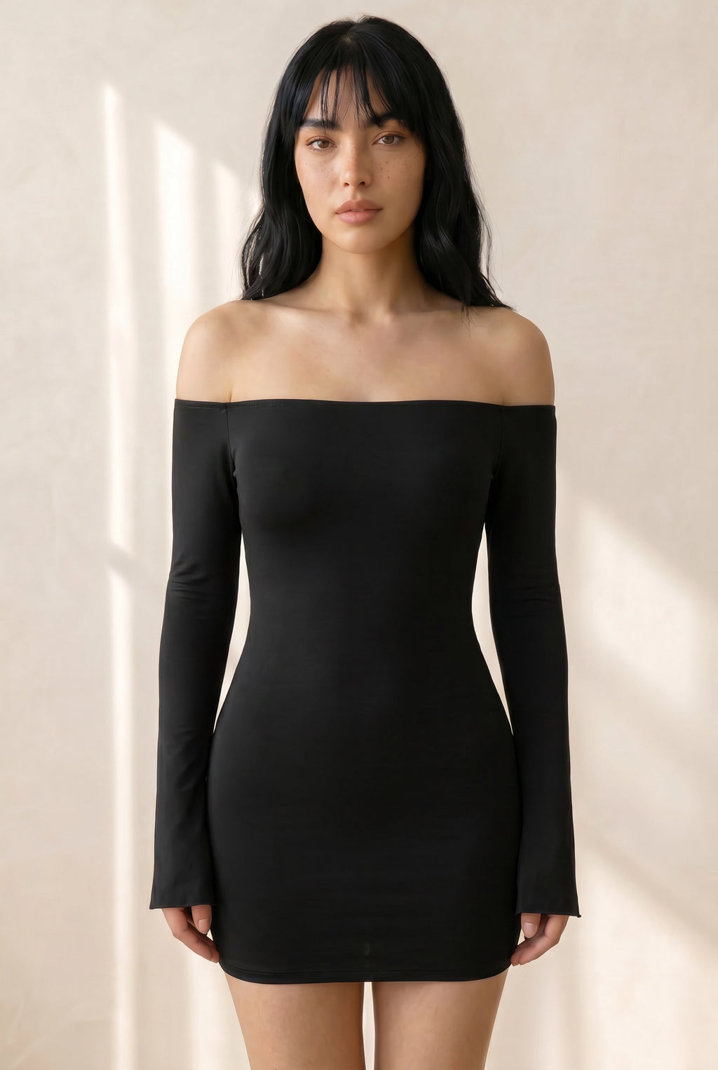 Elegant Off-Shoulder Ruched Mini Dress with Bell Sleeves