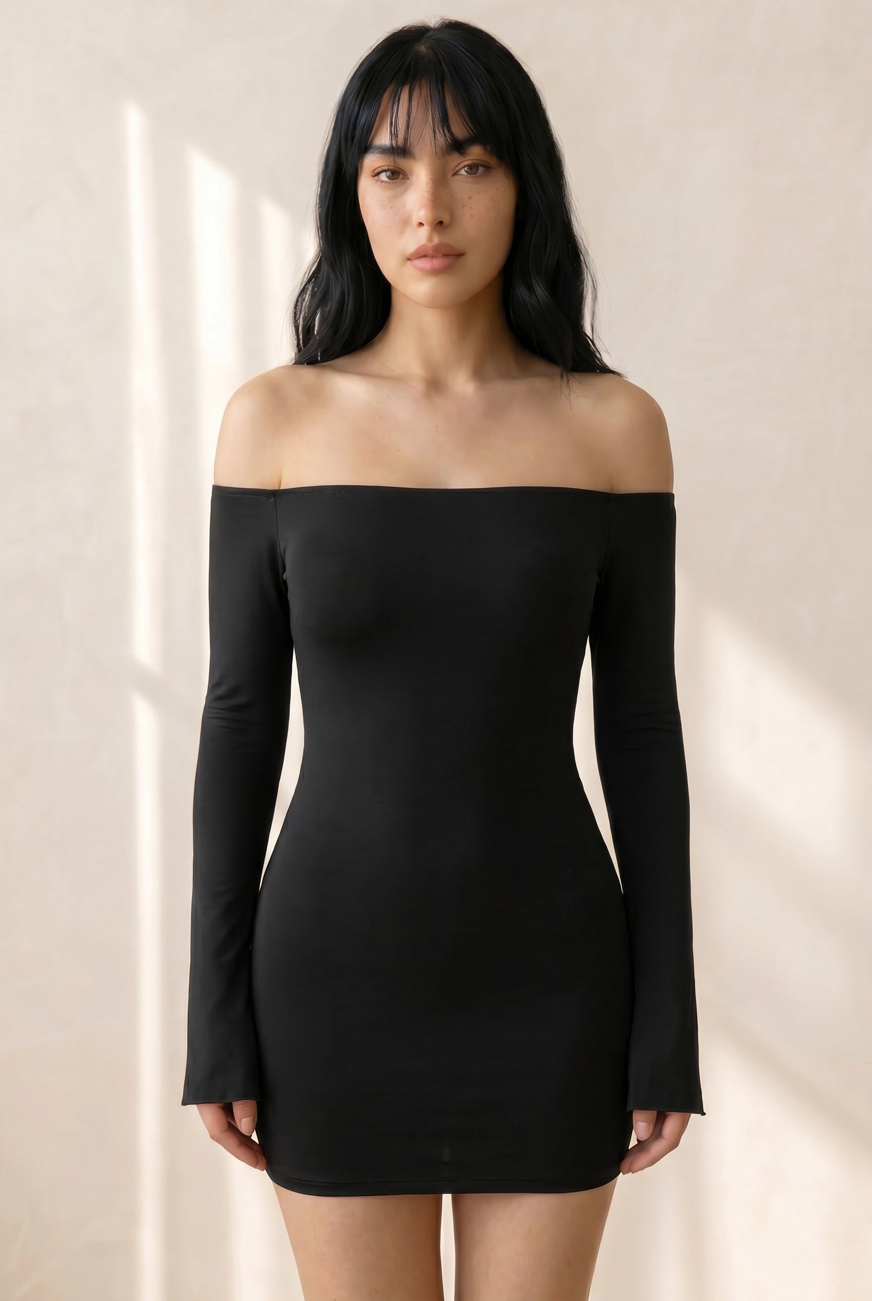 Elegant Off-Shoulder Ruched Mini Dress with Bell Sleeves