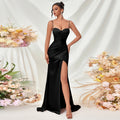 Valentina Satin Corset Maxi Dress with Thigh Split - Black