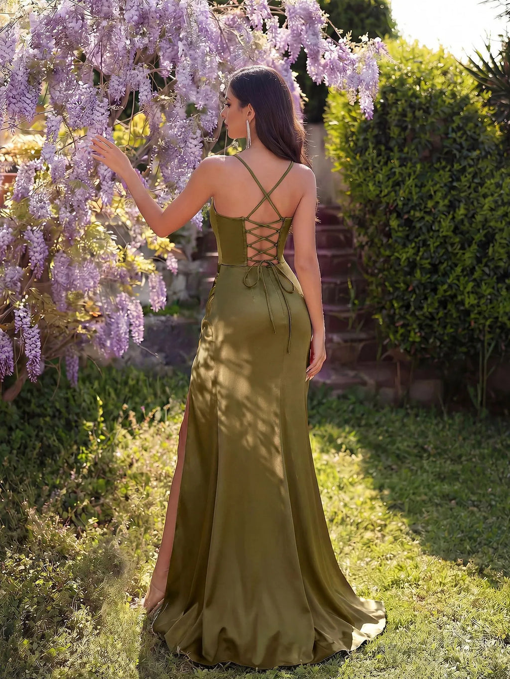 Valentina Satin Corset Maxi Dress with Thigh Split - Army Green