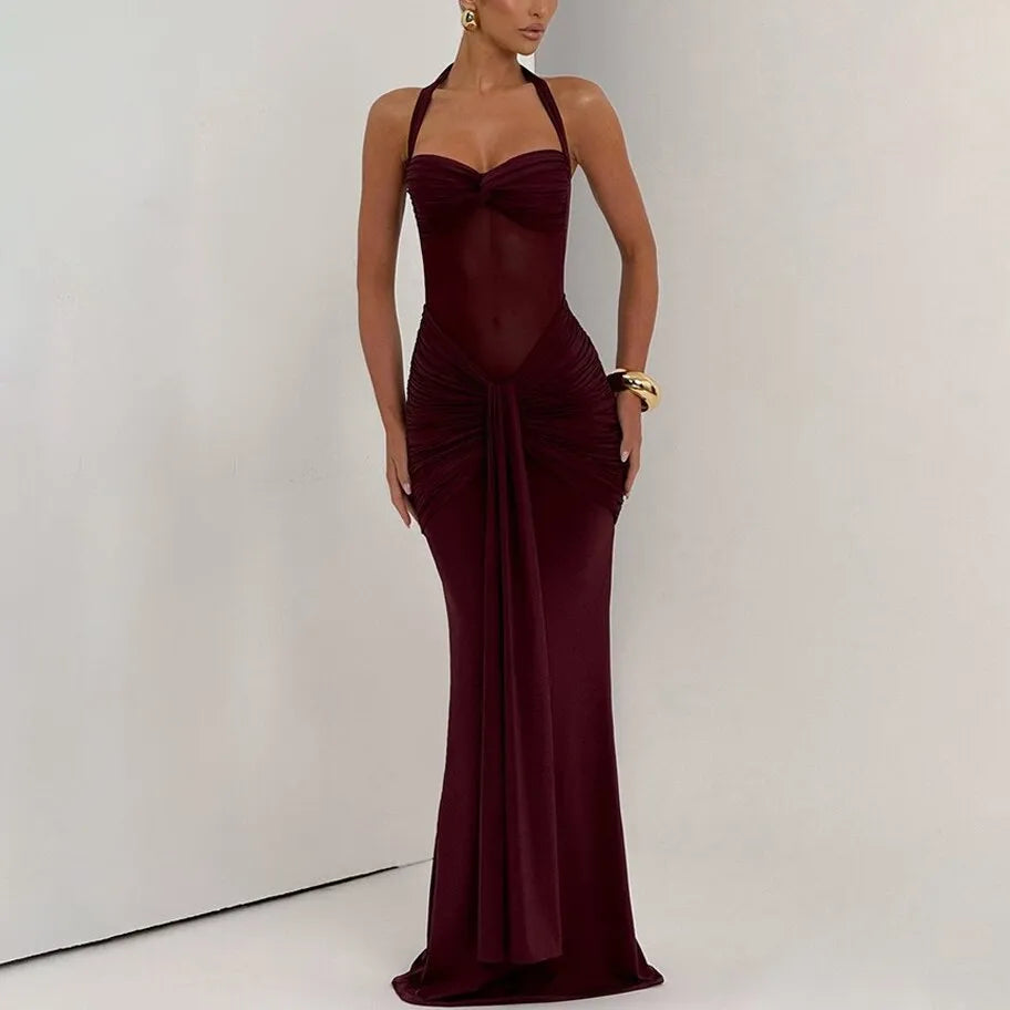 Golden Glow Ruched Maxi Dress - Burgundy