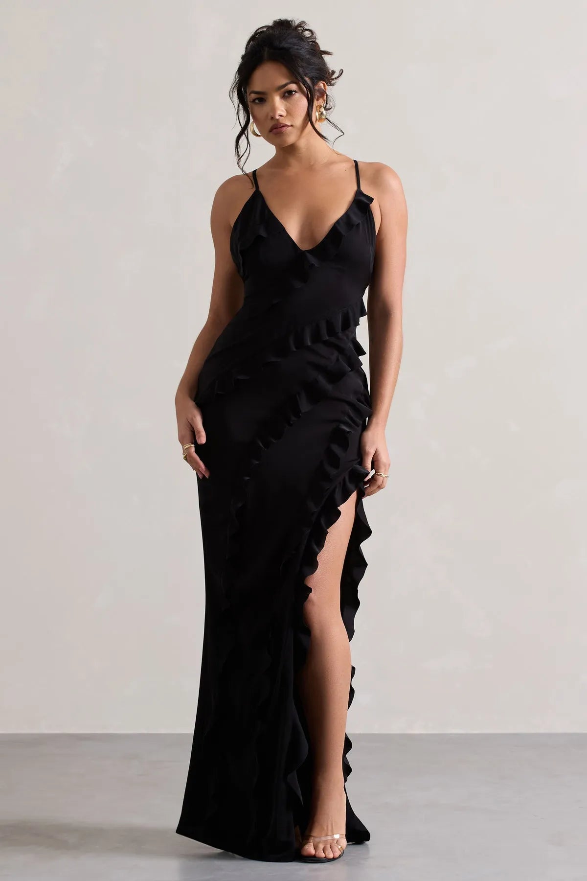Seraphina Ruffle Split Maxi Dress - Black