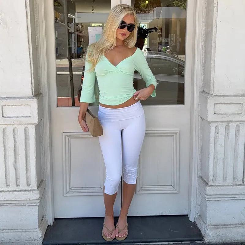 Chic Ruched V-Neck Slim Fit Top T-Shirt - Green