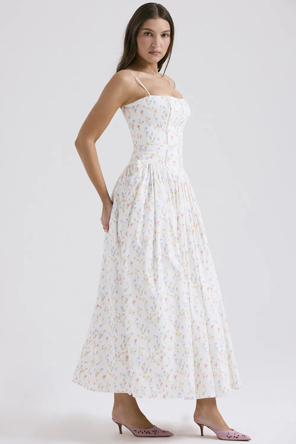 Celeste Corset Midi Dress - White Print