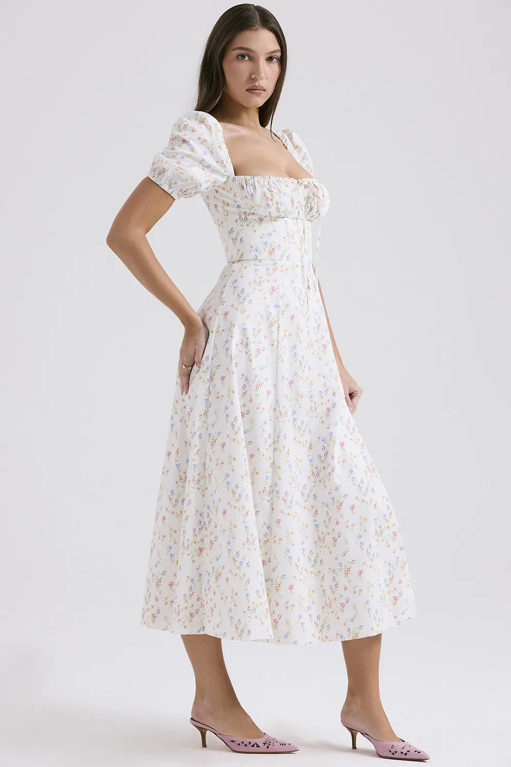 Celeste Corset Midi Dress - Short Sleeve White