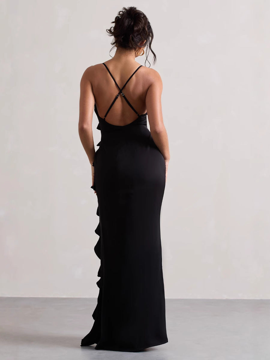 Seraphina Ruffle Split Maxi Dress - Black