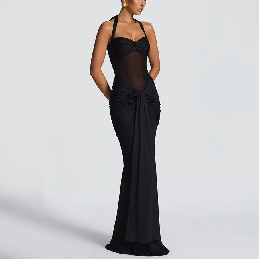 Golden Glow Ruched Maxi Dress - Black
