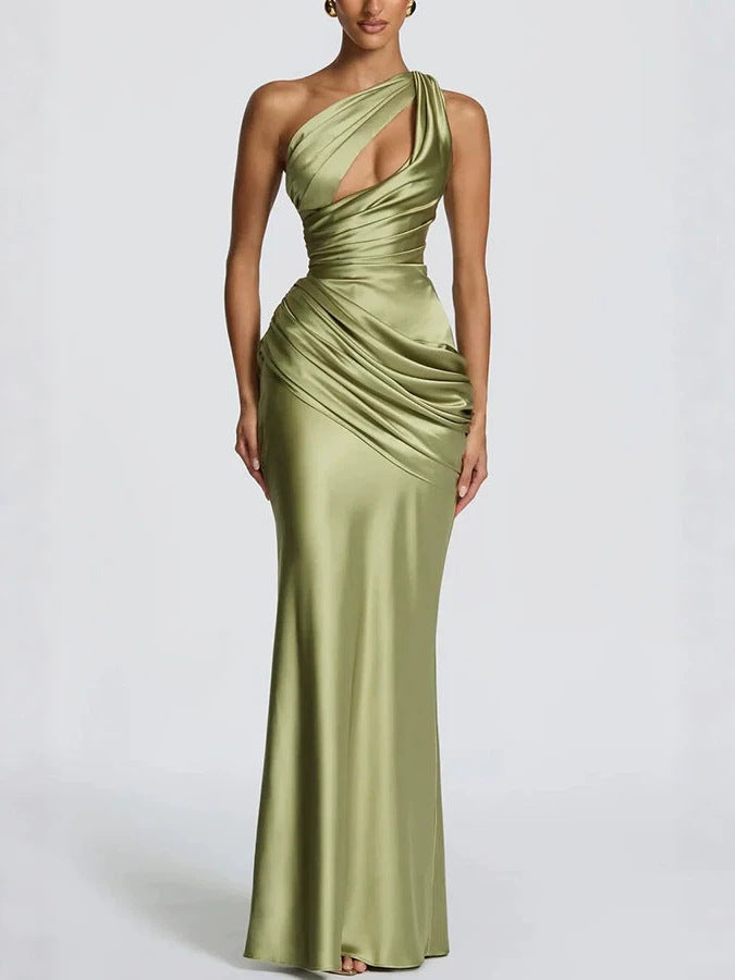 Satin One-Shoulder Fishtail Dress - Green