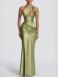 Satin One-Shoulder Fishtail Dress - Green