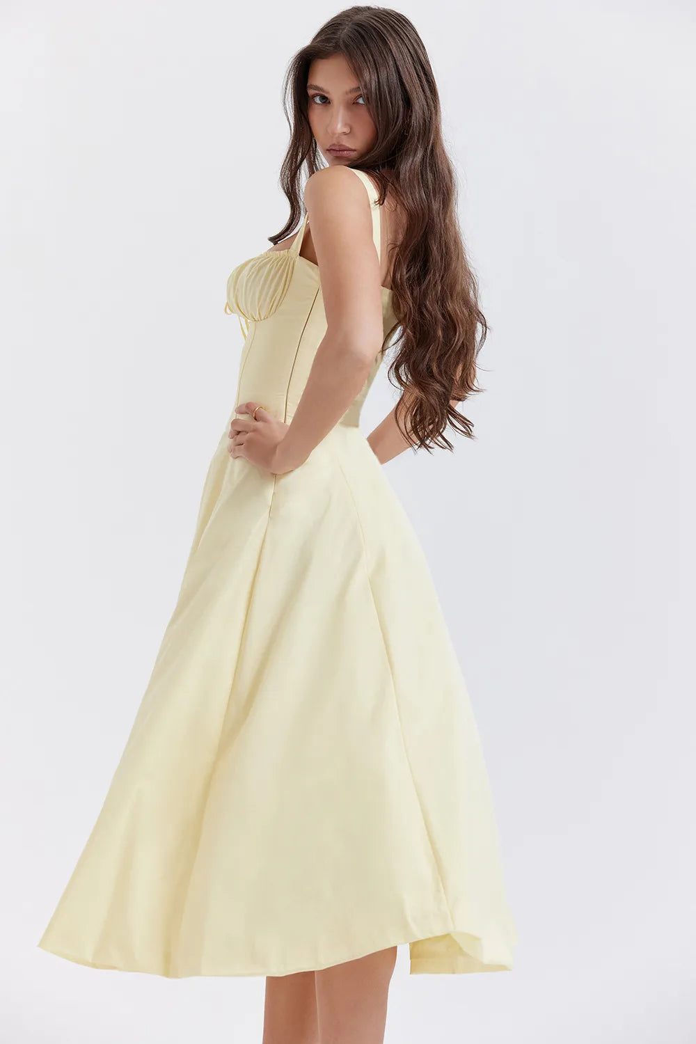 Everly Sweetheart Corset Midi Dress - Light yellow flower