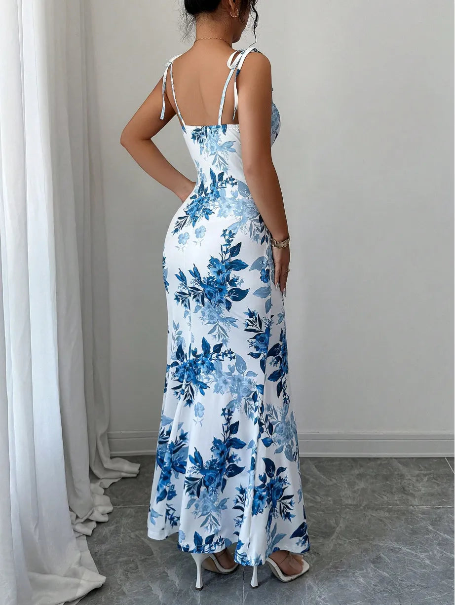 Azure Bloom Ruched Maxi Dress - Sky Blue Floral