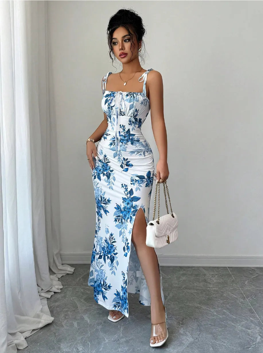 Azure Bloom Ruched Maxi Dress - Sky Blue Floral