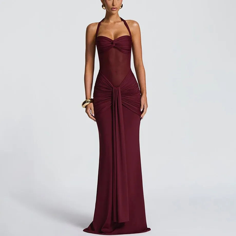 Golden Glow Ruched Maxi Dress - Burgundy
