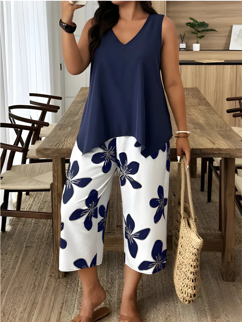 Navy Bloom Sleeveless Top & Floral Capri Pants Set