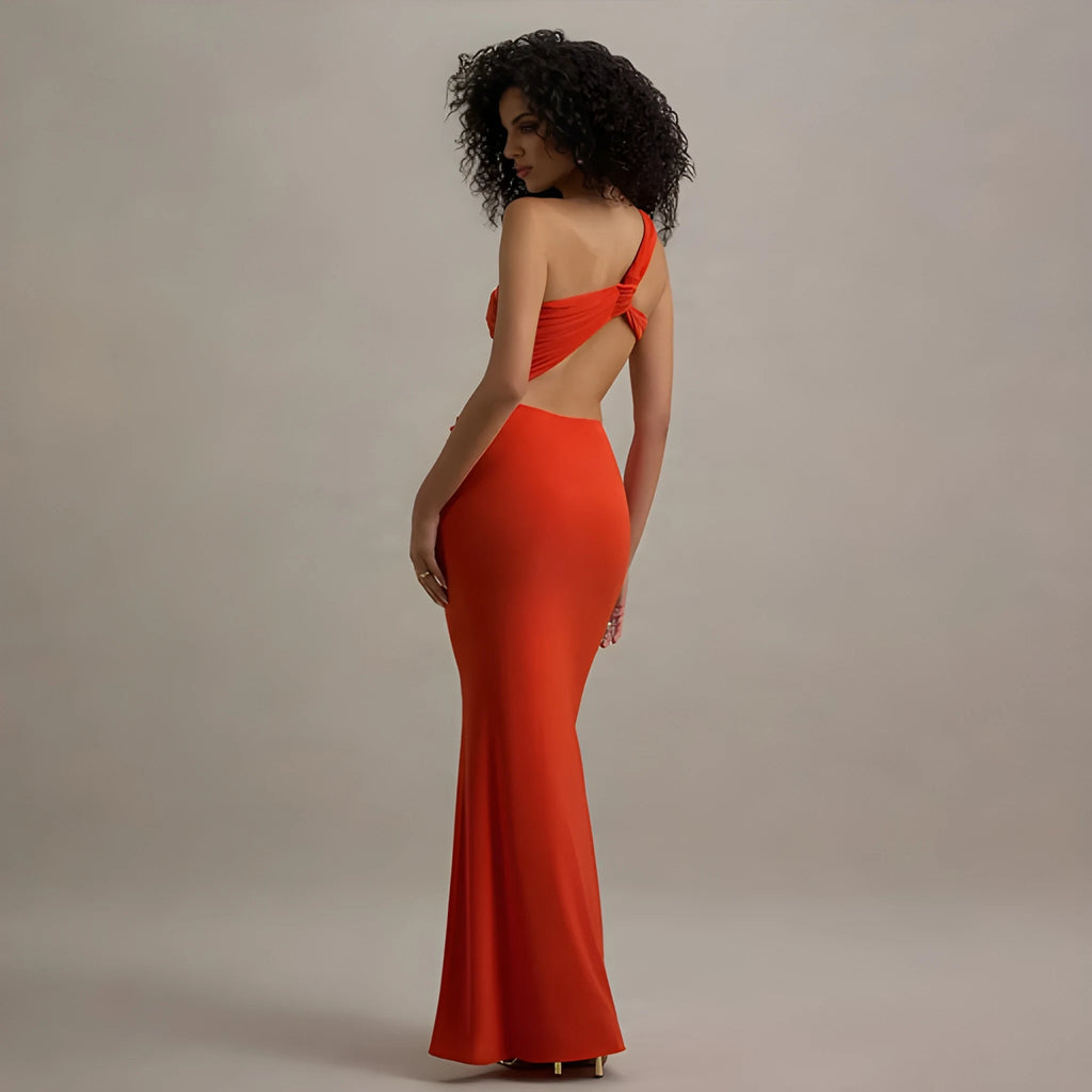 Seraphina One-Shoulder Cut-Out Maxi Dress - Orange Red
