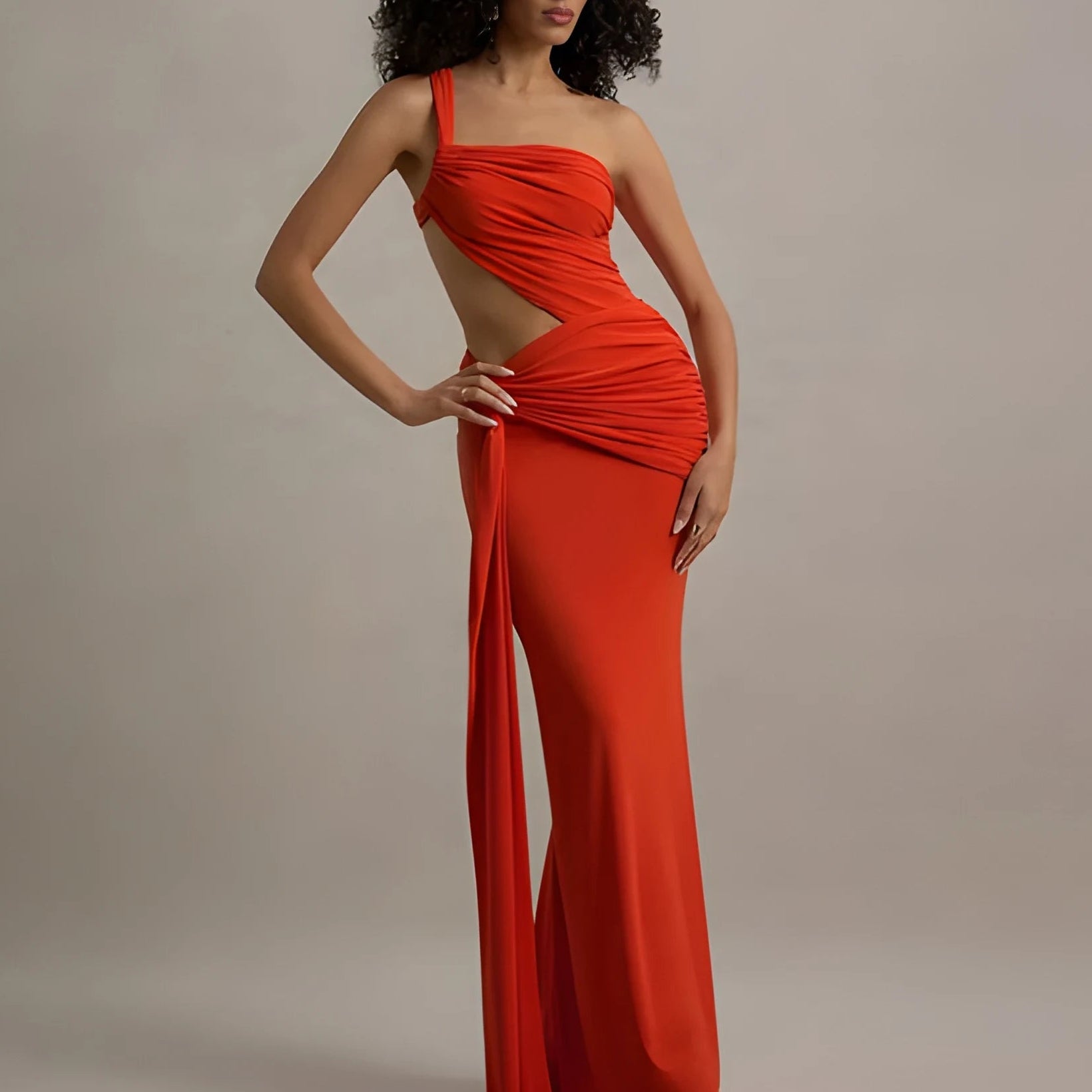 Seraphina One-Shoulder Cut-Out Maxi Dress - Orange Red