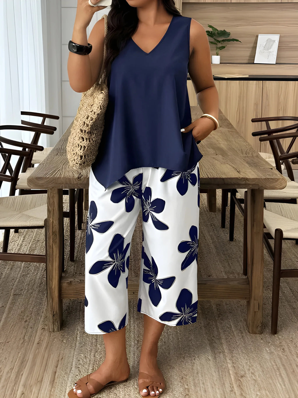 Navy Bloom Sleeveless Top & Floral Capri Pants Set