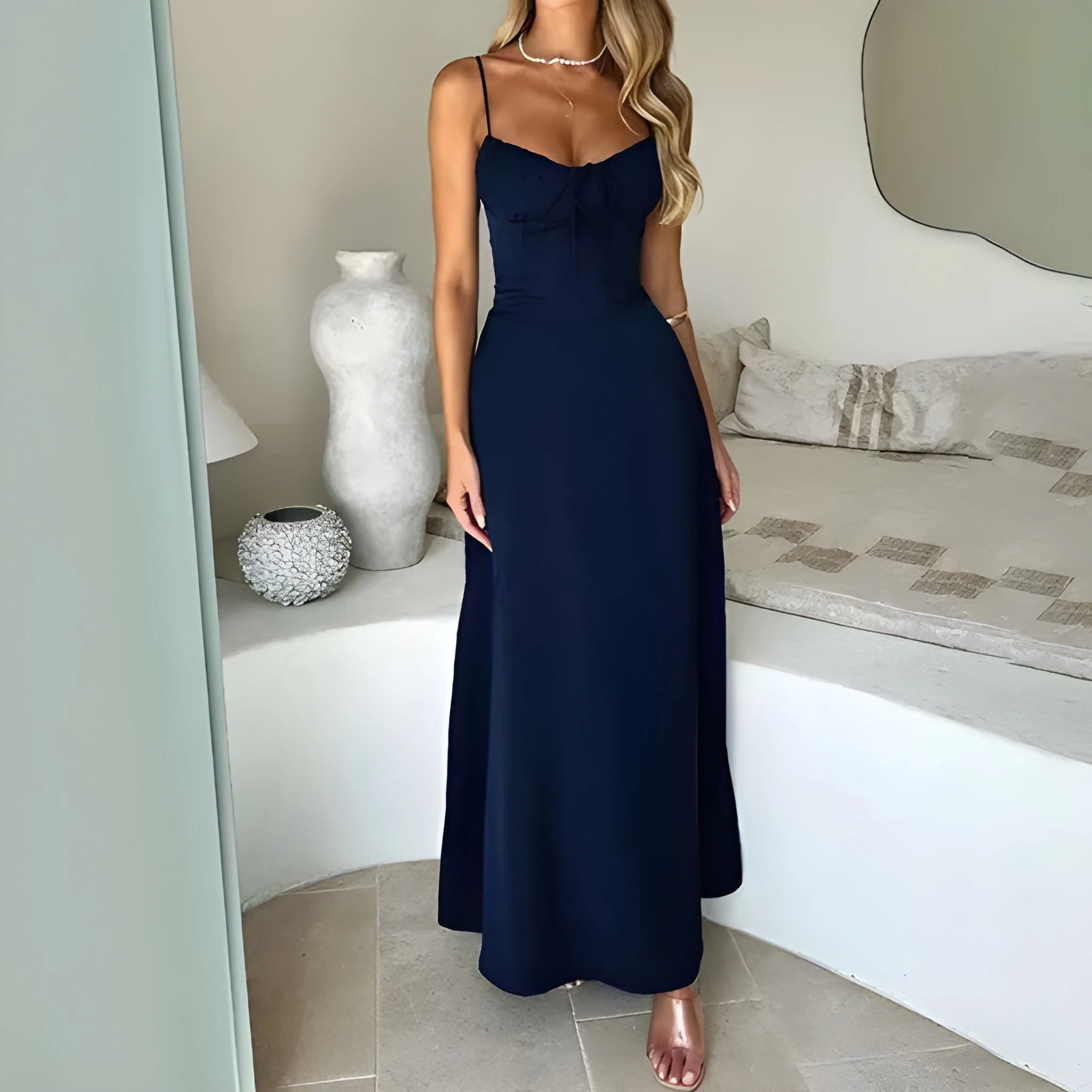 Elegant A-Line Maxi Dress - Dark Blue