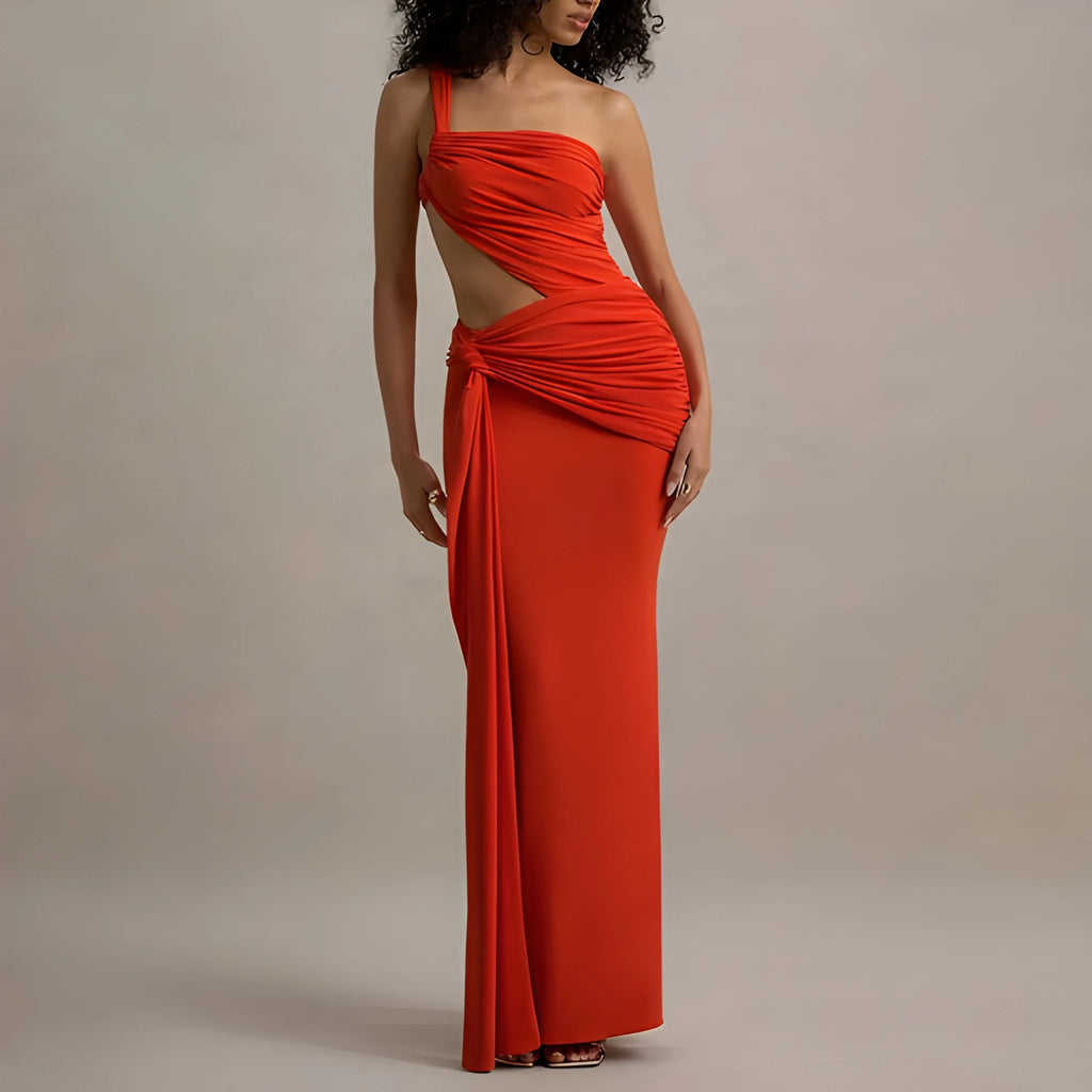 Seraphina One-Shoulder Cut-Out Maxi Dress - Orange Red